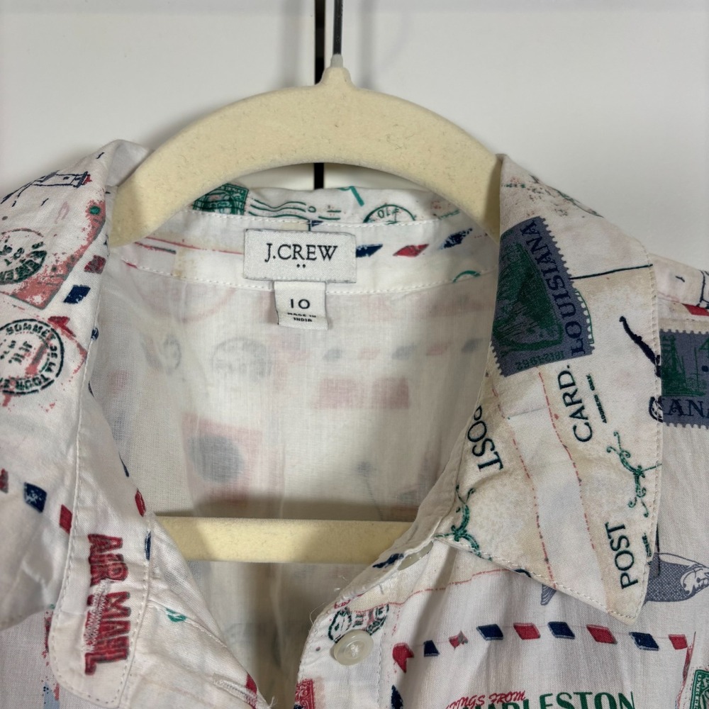 J.Crew Womens Midi Shirt Dress White Postcard Print Collared Tie-Waist Pocket 10 - Picture 5 of 10